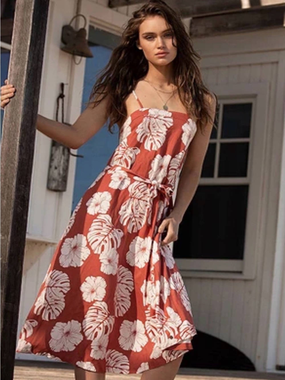 Roxy Rust Floral Midi Dress with White Tropical Print